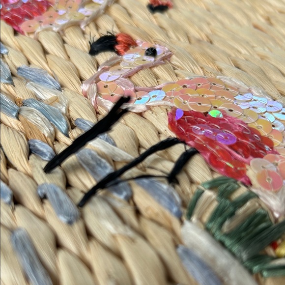 Tropical Woven Tote Bag with Sequined Flamingo Palm Tree Design - Picture 15 of 16